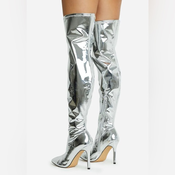 FSJ Shoes - New FSJ Silver Metallic Pointed Toe Over The Knee Stiletto Boots Size 8